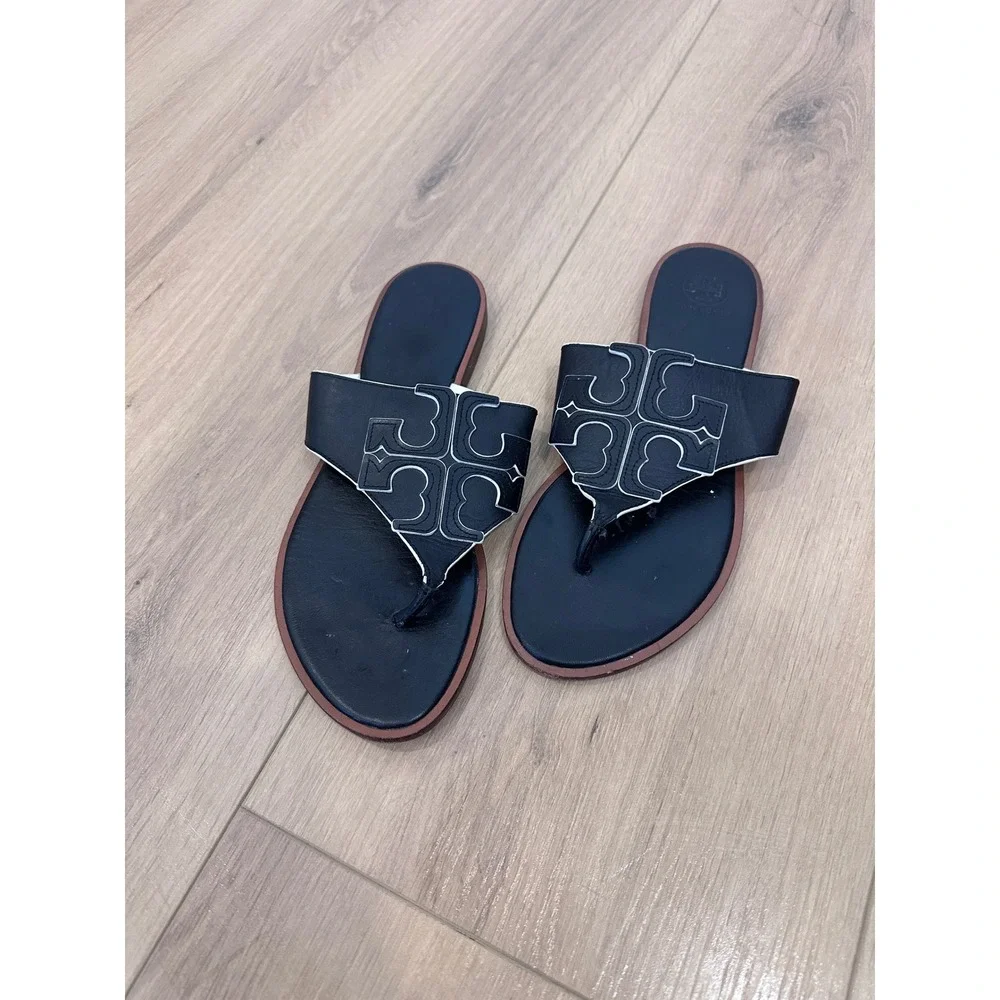 Tory Burch Miller Black Leather Thong Sandals White Contrast Stitching Logo 9.5